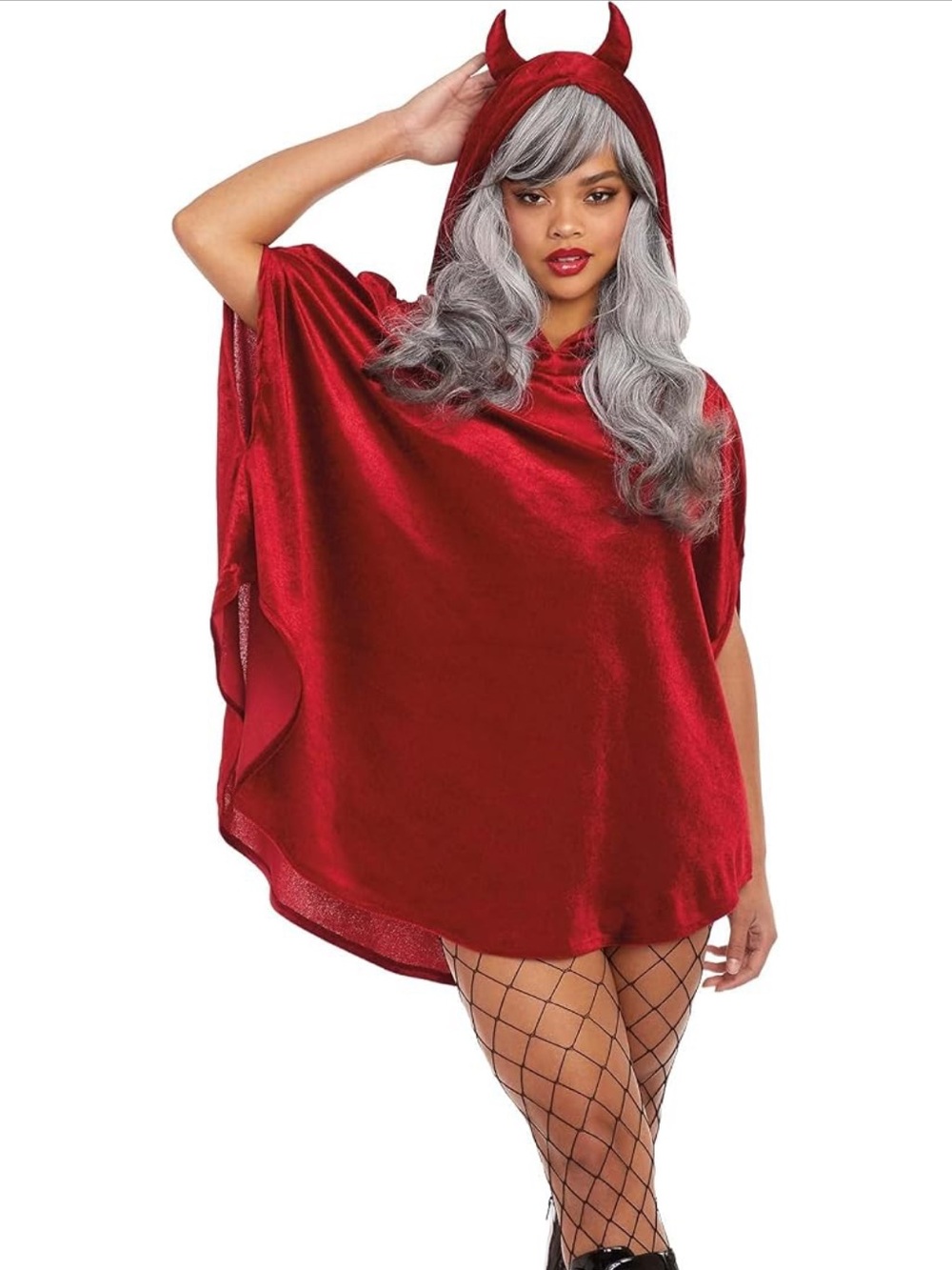 Dreamgirl Halloween Hooded Red Velvet Poncho Armhole Slits & Devil Horns Costume